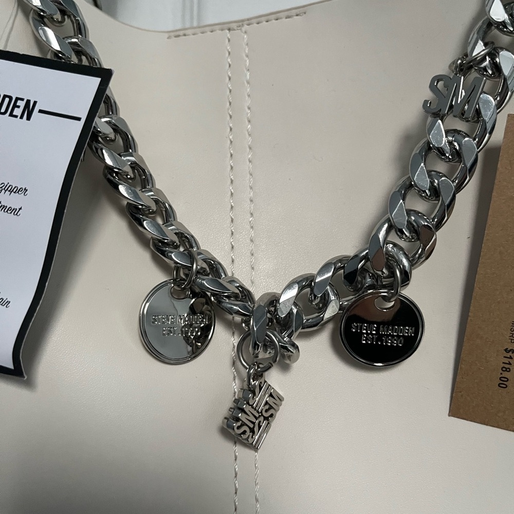 Steve Madden Vanilla Cream B swagger Tote Shoulder Bag Silver Chain Charms NWT - Picture 3 of 15